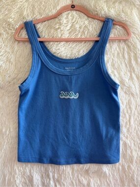 American Eagle Womens Cropped Ribbed Tank Top L Blue Stretch Indie Surf Skater